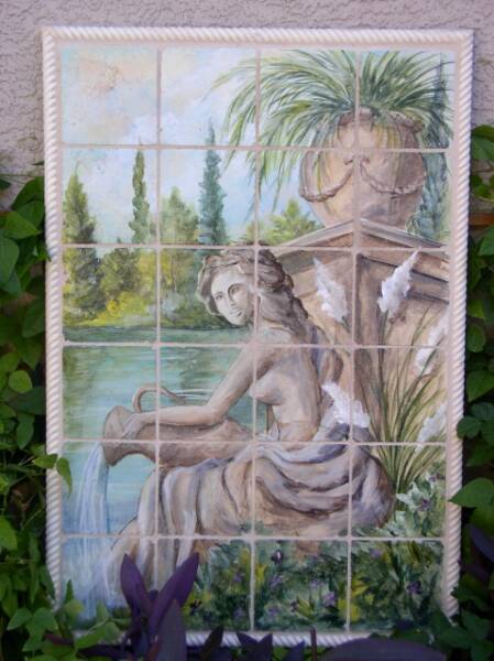 &quot;Statue on the Pond&quot; Hand Painted Tile Mural