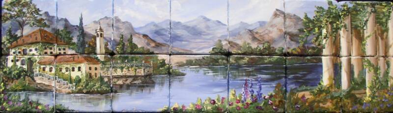 &quot;Italian Lakeside Villa&quot; Hand Painted Tile Mural