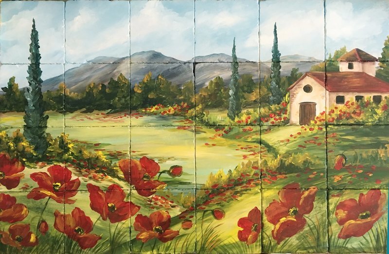 &quot;Papaveri Fields&quot;  Hand-Painted Tile Mural