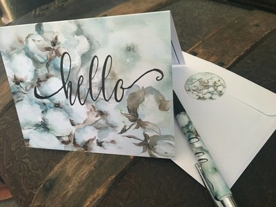 Cotton Boll Watercolor Blank Notecards &quot;Hello&quot; Set of 8