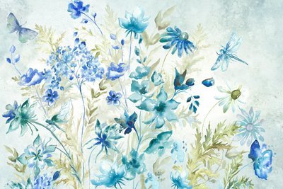 Watercolor Wildflowers and Dragonflies on Soft Blue Landscape