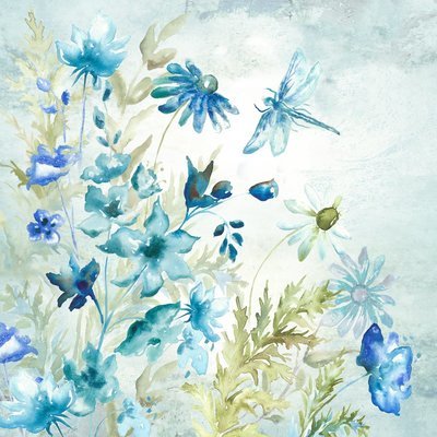 Watercolor Wildflowers and Dragonflies 1 on Blue Square
