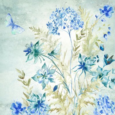 Watercolor Wildflowers and Dragonflies 2 on Blue Square