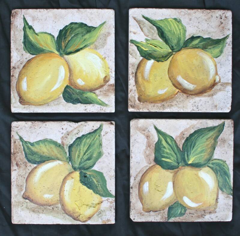 Lemon Pairs Decorative Tiles Set of 4 Hand-Painted