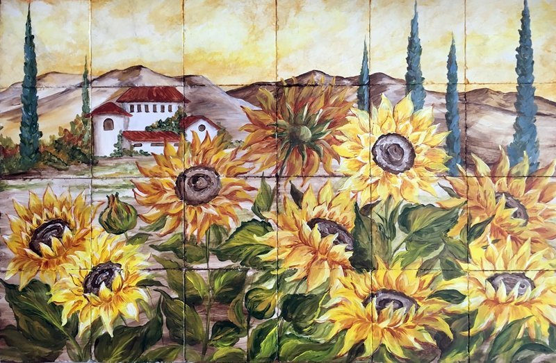 &quot;Tuscan Sunflower Fields&quot;  Hand-Painted Tile Mural