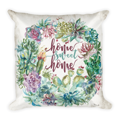 Watercolor Succulent Garden Wreath Pillow &quot;Home Sweet Home&quot;