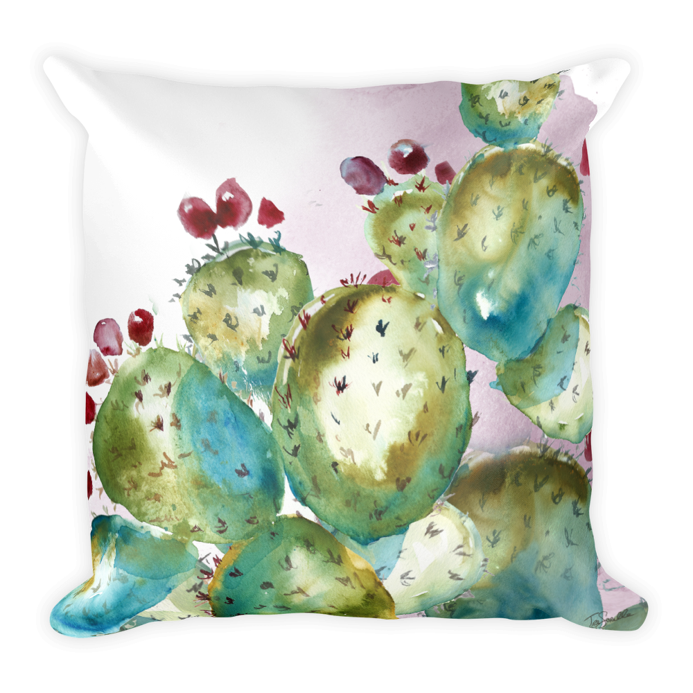 Watercolor Succulent  Prickly Pear Cactus Pillow