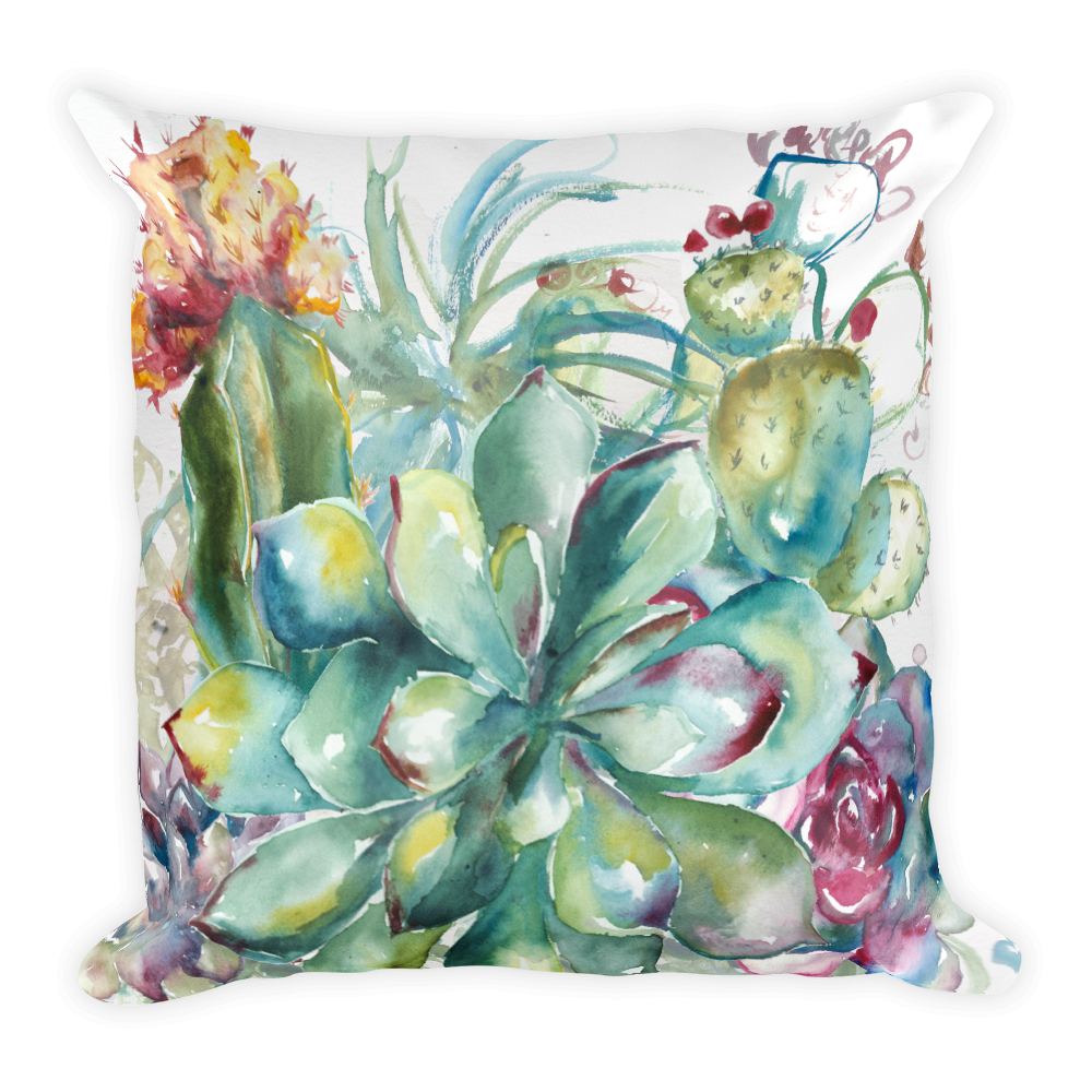 Watercolor Succulent and Cactus Garden Pillow