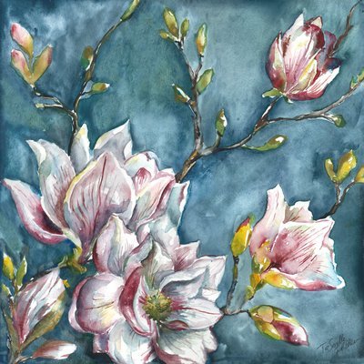 Watercolor Magnolia Branch on Blue