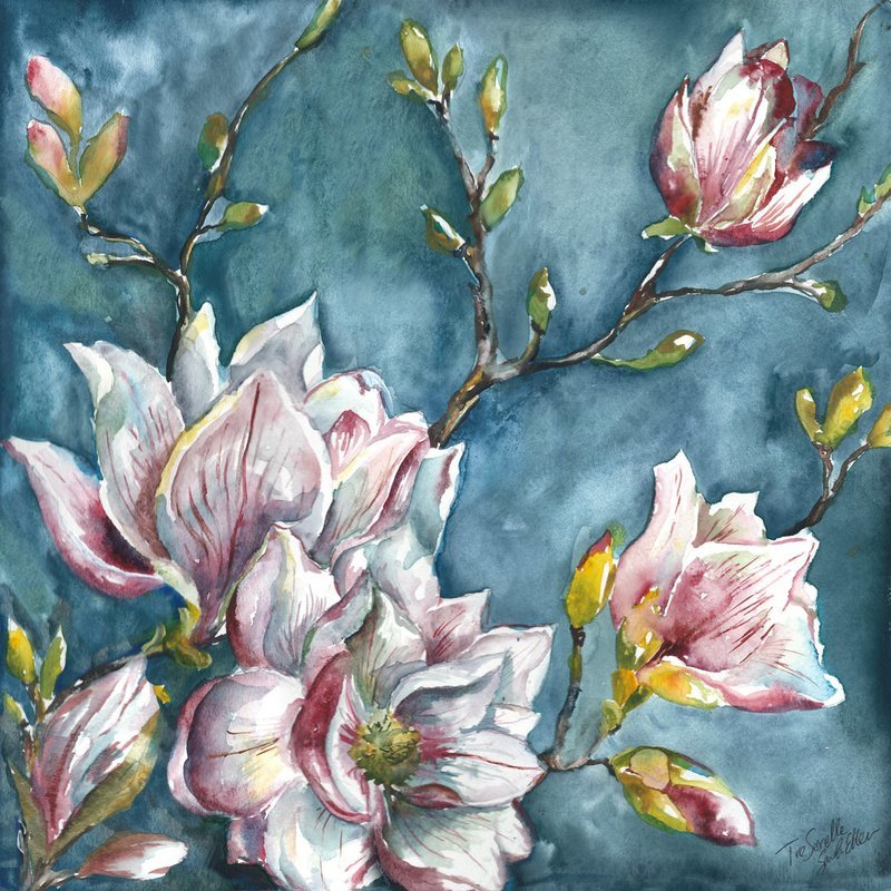 Watercolor Magnolia Branch on Blue