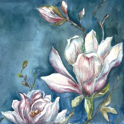 Watercolor Magnolia Branch on Blue 2