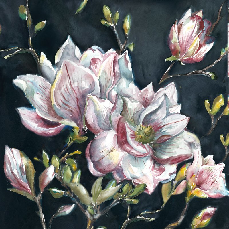 Watercolor Magnolia Branch on Black