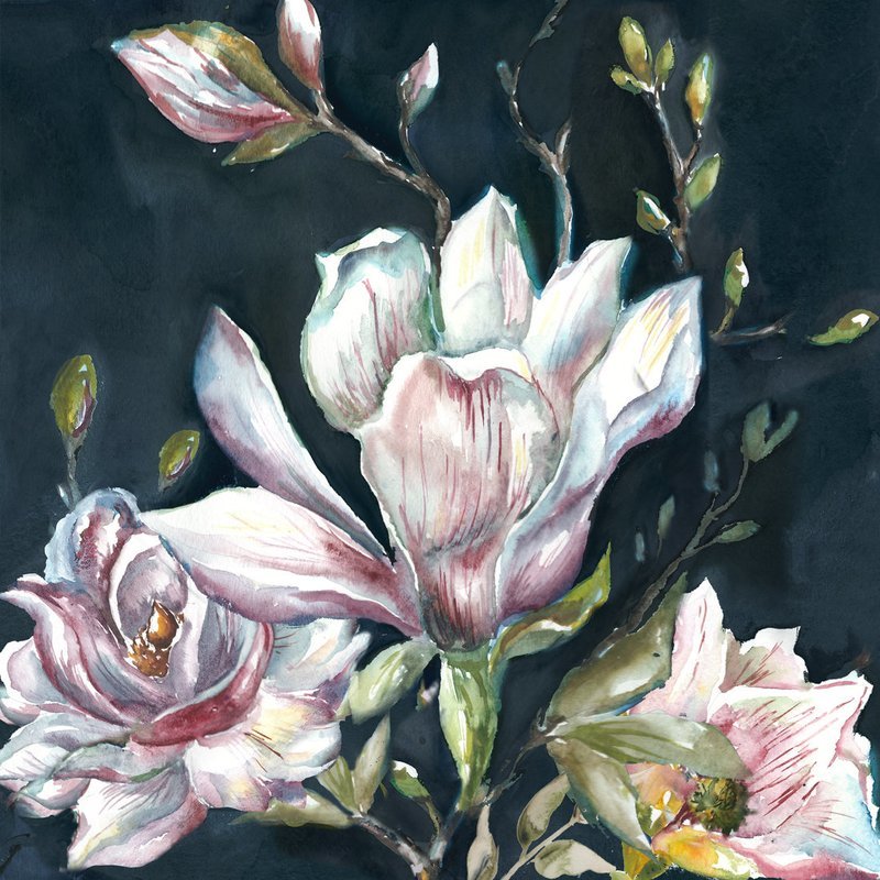 Watercolor Magnolia Branch on Black 2