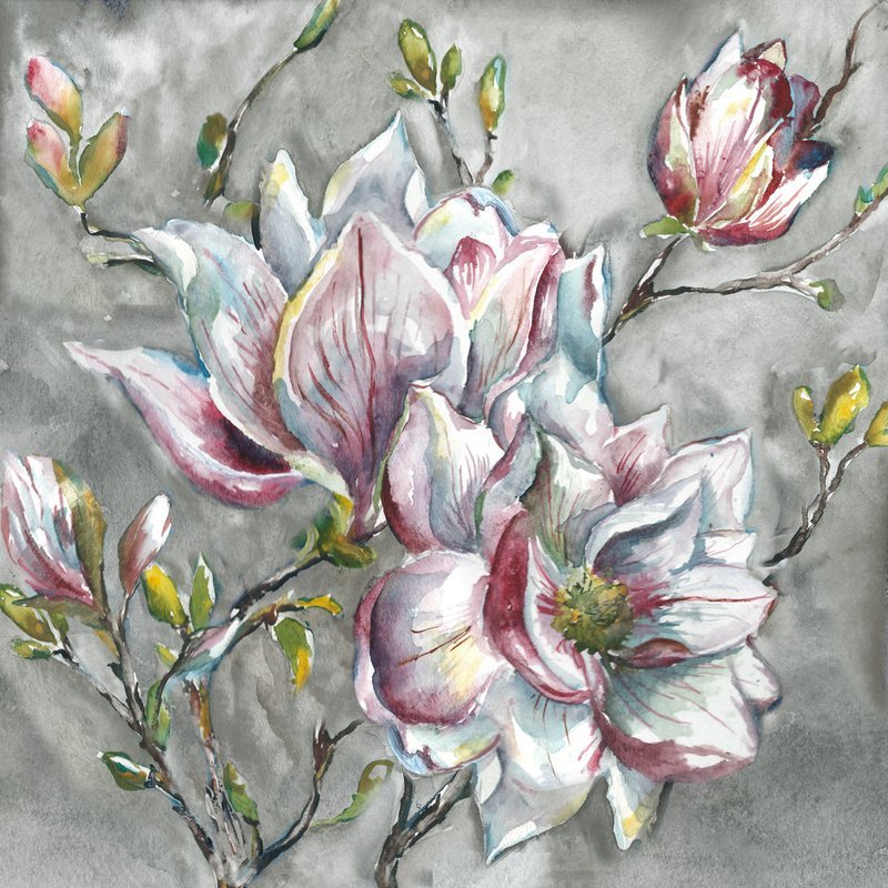 Watercolor Magnolia Branch on Light Grey