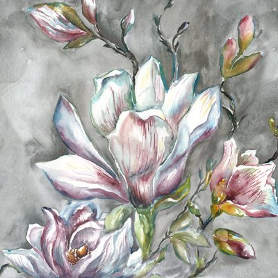 Watercolor Magnolia Branch on Light Grey 2