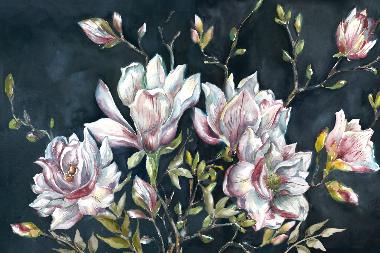Watercolor Magnolia Branches on Black Horizontal