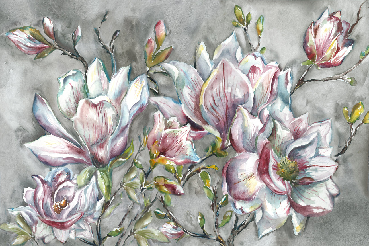 Watercolor Magnolia Branches on Grey Horizontal