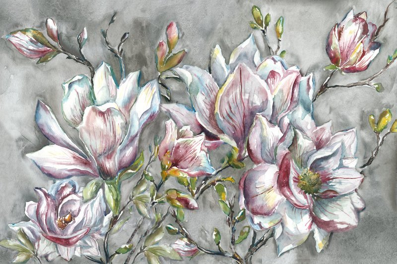Watercolor Magnolia Branches on Grey Horizontal