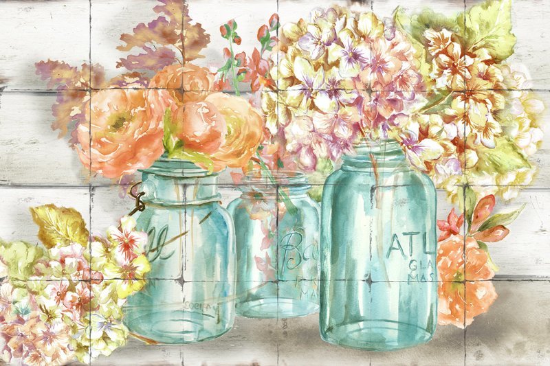 &quot;Autumn Colorful Blooms in a Mason Jars&quot; Printed Tile Mural
