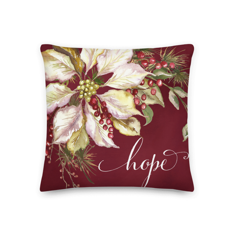 Winter Joy Poinsettia Throw Pillow "Hope" on Deep Red Background Winter Joy Poinsettia Throw Pillow "Hope" on Deep Red Background