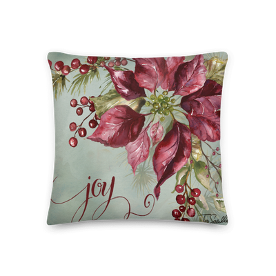Winter Joy Poinsettia Throw Pillow "Joy" on Light Green Background