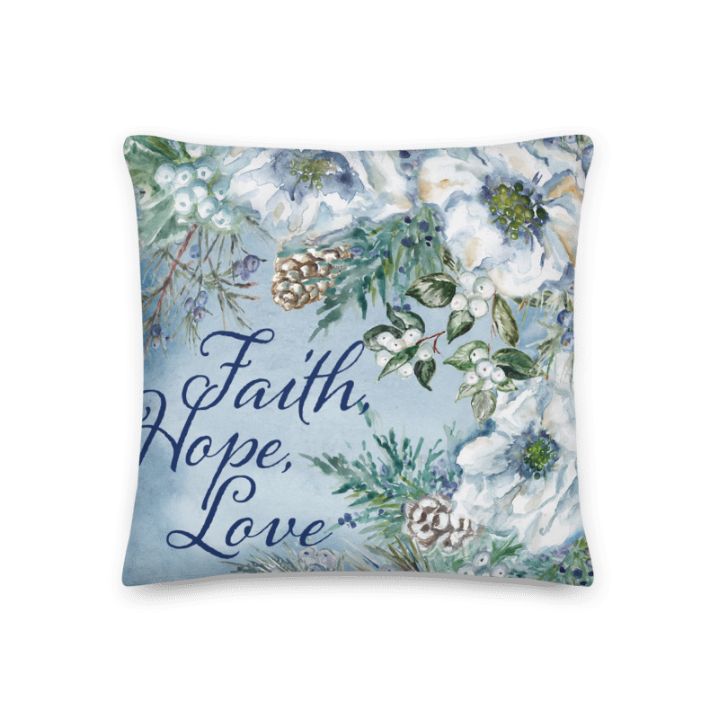 Frosted Winter Woodland White Poinsettia Throw Pillow "Faith, Hope, Love" Frosted Winter Woodland White Poinsettia Throw Pillow "Faith, Hope, Love"