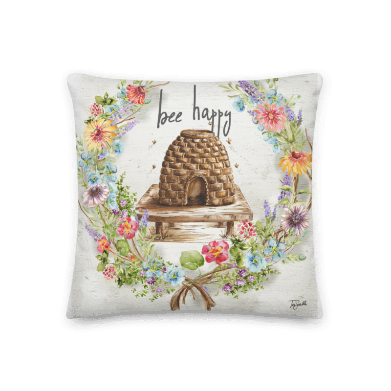Herb Blossom Wreath with Bee Keep -Bee Happy Throw Pillow Herb Blossom Wreath with Bee Keep -Bee Happy Throw Pillow
