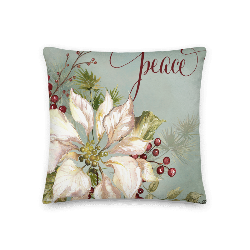 Winter Joy Poinsettia Throw Pillow "Peace" on Light Green Background Winter Joy Poinsettia Throw Pillow "Peace" on Light Green Background
