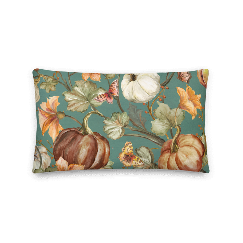 Elegant Pumpkin Vines Decorative Lumbar Throw Pillow Teal Background 22"x12"