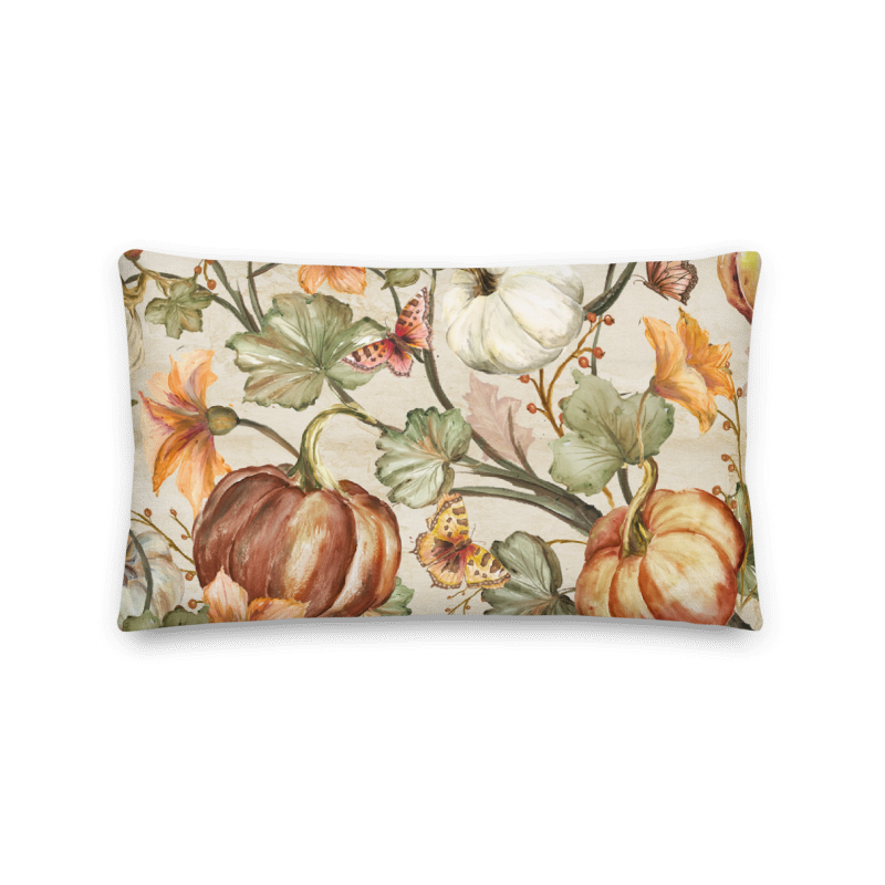 Elegant Pumpkin Vines Decorative Lumbar Throw Pillow Ivory Background 22"x12"