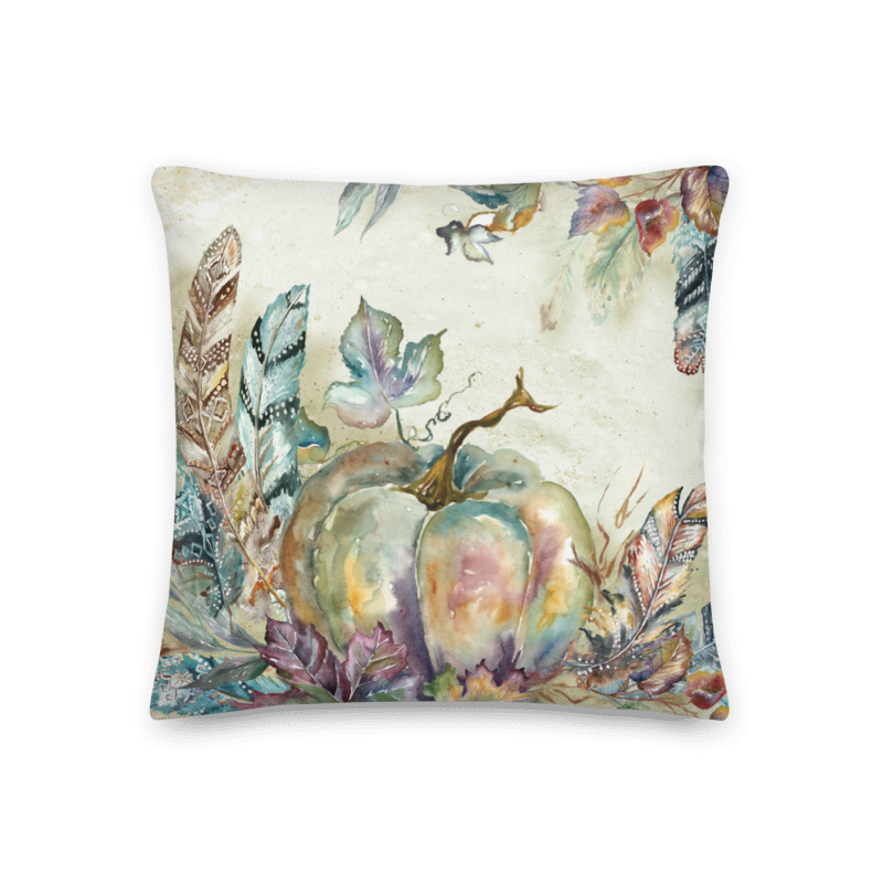 Autumn Jewels Fall Pumpkin and Feathers Decorative Throw Pillow