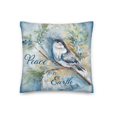 Frosted Winter Woodland Nuthatch Bird Throw Pillow "Peace on Earth" Frosted Winter Woodland Nuthatch Bird Throw Pillow "Peace on Earth"