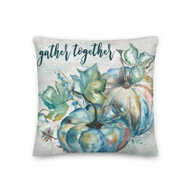 Blue and Teal Watercolor Heirloom Throw Pillow "Gather Together"