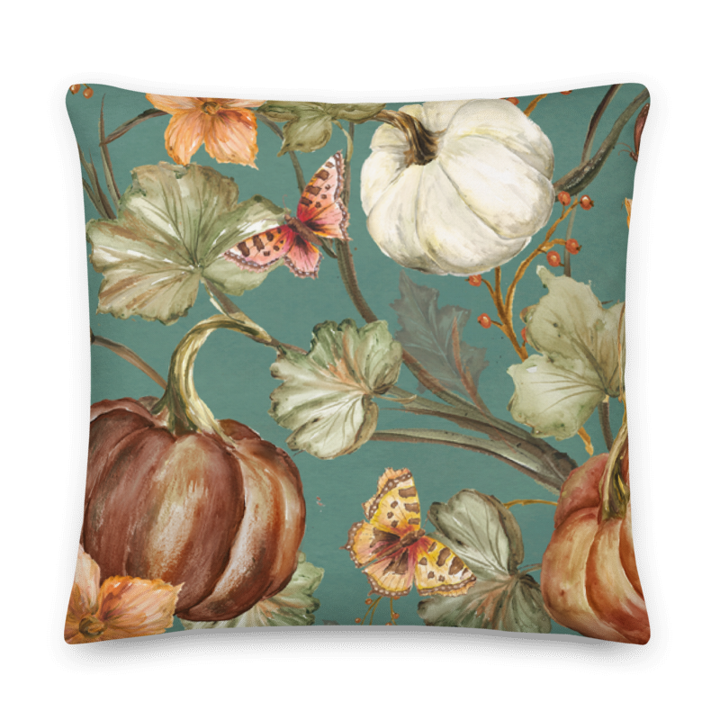 Elegant Pumpkin Vines Decorative Throw Pillow-Teal Background 2