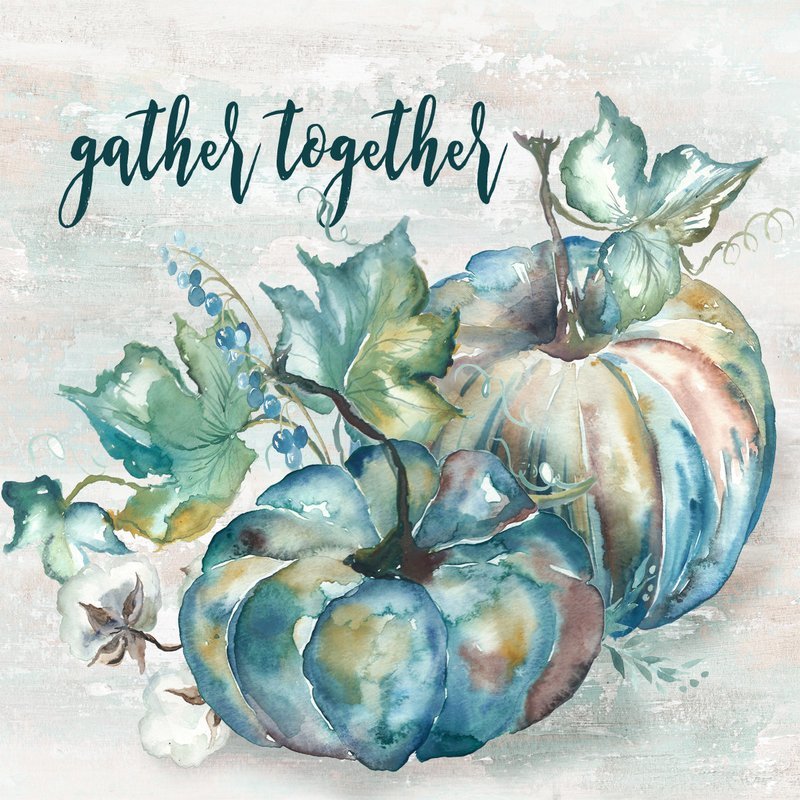 Watercolor Ghost Pumpkins Teal and White &quot;gather together&quot;