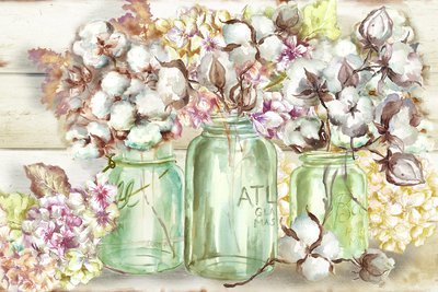 Colorful Flowers and Cotton Bolls in Green Mason Jars