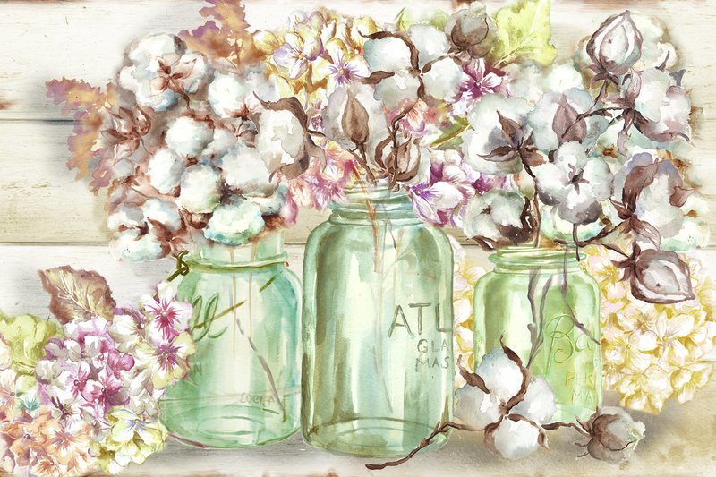 Colorful Flowers and Cotton Bolls in Green Mason Jars