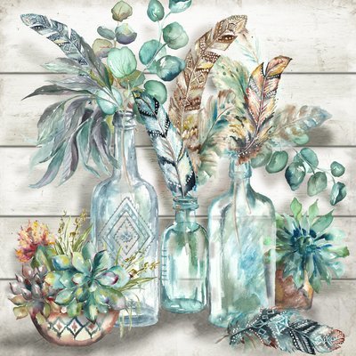 Boho Feathers and Succulents in Vintage Bottles Watercolor