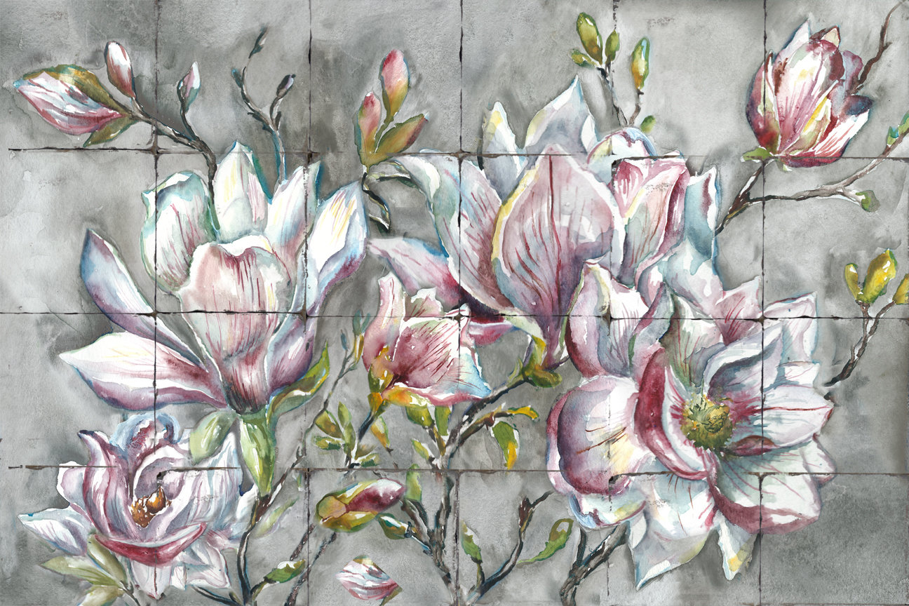&quot;Magnolia Branch Grey and White&quot; Printed Tile Mural