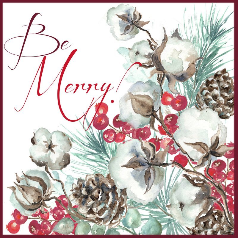 Cotton Bolls and Red Berries &quot;Be Merry&quot; Watercolor