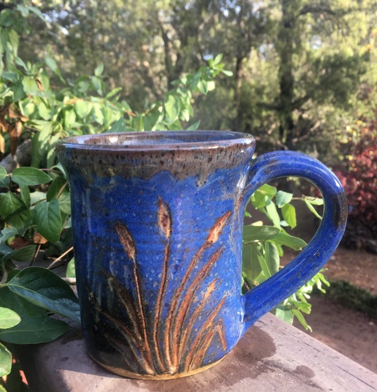 Indigo Hand-Carved Cattail Stoneware 16 oz Mug