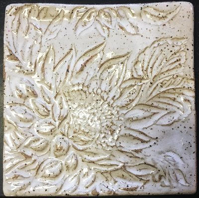 Hand Carved, Glazed Ceramic Sunflower Tile 6&quot; Decorative Insert-Speckled Buff