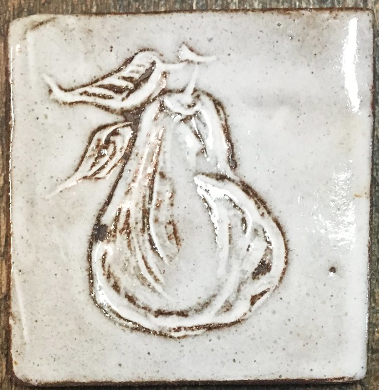 Hand Carved, White Glazed Ceramic Pear Fruit Tile 4&quot; or  6&quot; Decorative Insert