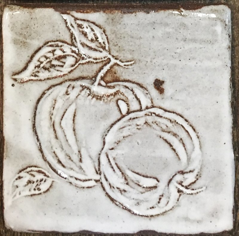 Hand Carved, White Glazed Ceramic Apple Fruit Tile 4&quot; or  6&quot; Decorative Insert