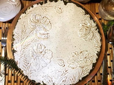 Embossed 12&quot; White Glazed Poppy Stoneware Dinner Plate Hand Carved, distressed glazed borders