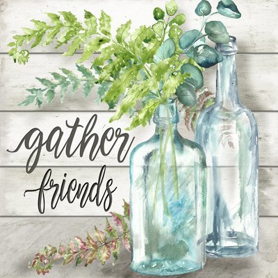 Ferns and Eucalyptus in Vintage Bottles &quot;Gather Friends&quot; Watercolor