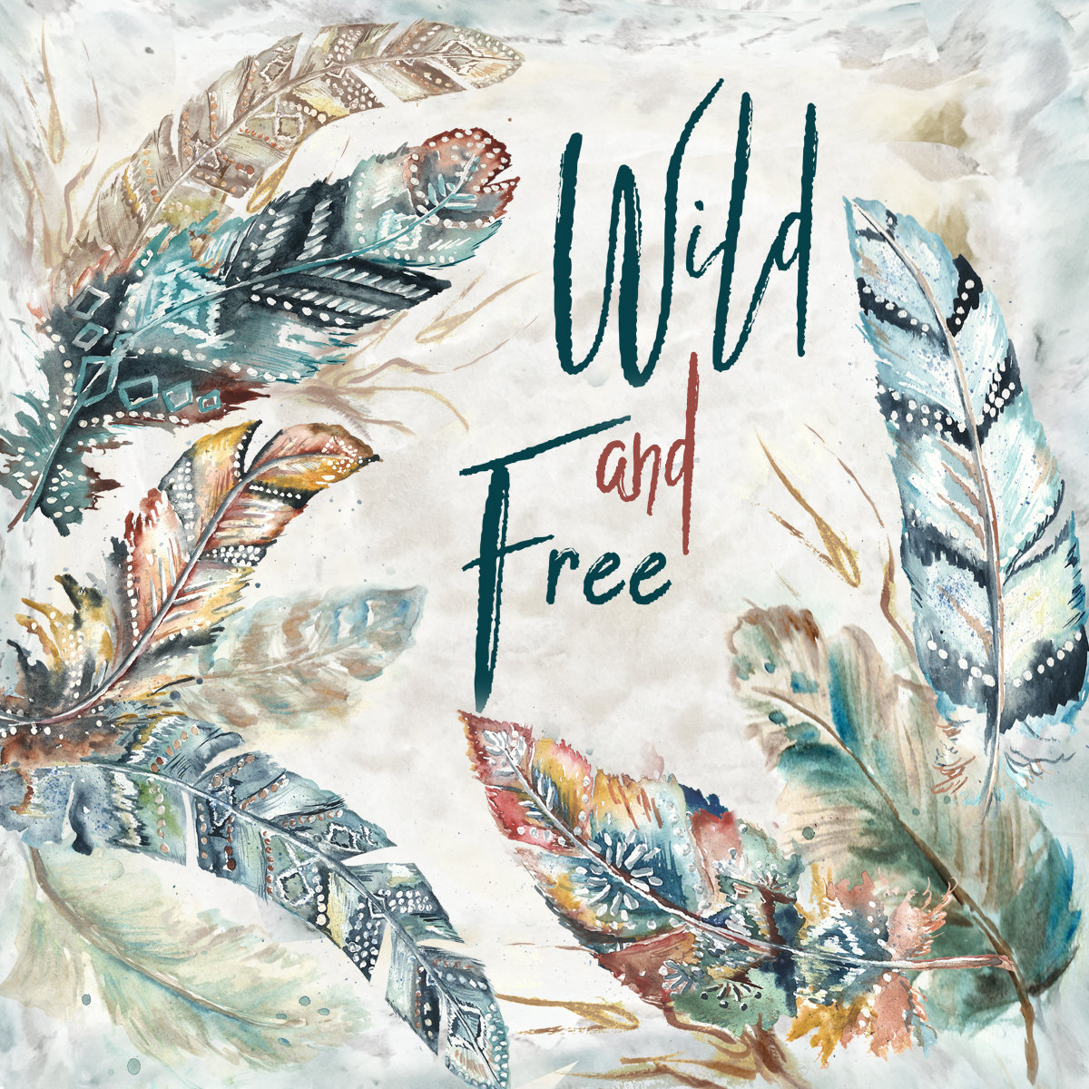 Boho Feathers  &quot;Wild and Free&quot; Watercolor