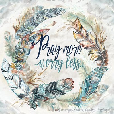 Boho Feathers Wreath &quot;Pray More, Worry Less&quot; Watercolor