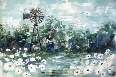 Primitive Farmhouse Windmill in field of Daisies