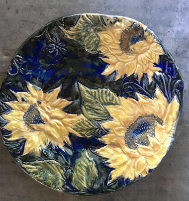 Embossed 11&quot; Yellow Sunflowers on Cobalt Pottery Dinner Plate Hand Carved 11&quot; (Made to Order)
